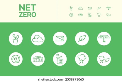 ícone net zero, nutrição, símbolo, árvore, casa, palavra