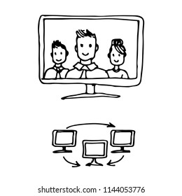 Icon with network, computer screen sign, web conference, hand drawn doodle line art vector sketch icon illustration on white background
