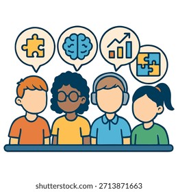 Ícone "Neurodiversidade em Sala de Aula" - Um grupo de crianças, cada uma com um símbolo diferente de "maneira de pensar" (quebra-cabeça, gráfico) acima de sua cabeça.