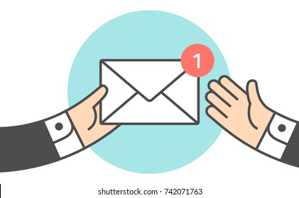 Icon Of New Mail Envelope. Businessman Holding Envelope In Hand, Giving Envelope Second Businessman. Mail Envelope With Red Marker For Symbol Deal, Business, Message, Delivery. Vector Illustration