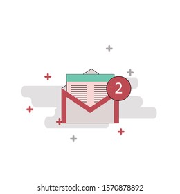 Icon of new mail envelope. White mail envelope with red marker Two Message