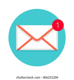 Icon of new mail envelope. White mail envelope with red marker. Icon of mail envelope on a mint background. Icon of mail envelope isolated on a blue circle. Vector illustration