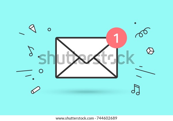 Icon of new mail envelope. White mail\
envelope with red marker One Message. Sign of mail envelope on blue\
mint background and explosive graphic element. Icon of mail\
envelope. Vector\
Illustration