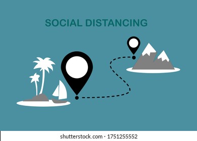 Icon New normal social distancing. Airplane flying to beach and mountain.People love travel.Summer vacation and business travel concept.Keep Safe Distance.Flat Sign and symbol vector illustration.