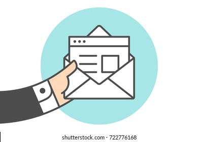 Icon of new open mail envelope. White mail envelope and letter or icon file. Hand of busnessman holds email icon or message. Icon of open mail envelope isolated on a blue circle. Vector Illustration