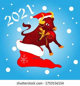 Icon for the new year. Banner hand-drawn bull on a background of snowfall. With a Chinese character meaning bull and the inscription two thousand twenty one.