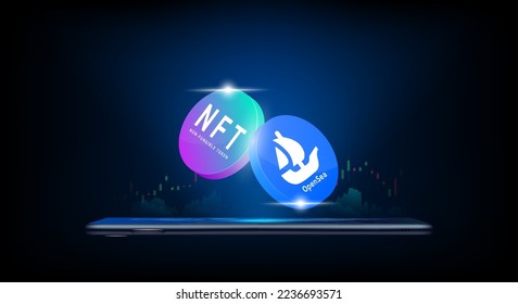 Icon NFT non fungible tokens and OpenSea platform. come out from smartphone with growth chart. Digital crypto art. Trading artwork, games. New trend in collectibles sales. Banner for news. 3D Vector.