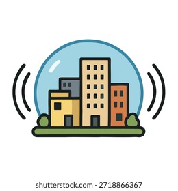 Icono de zona de cancelación de ruido: una manzana de la ciudad rodeada por una burbuja que amortigua las ondas de sonido.