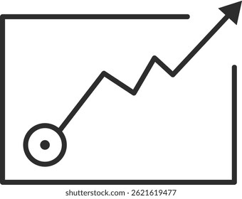 Icon of a non-standard diagram or graph of some indicators, icon of a square-shaped graph with an arrow, also a symbol of development and startups, black line.
