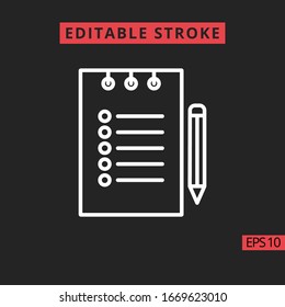 Symbol Notenliste mit Fülllinie, Umriss-Vektorillustration-Zeichen, lineares Piktogramm einzeln auf Schwarz. Unterschreiben oder Symbol, Bearbeitbarer Stroke.
