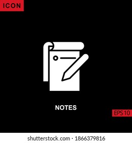 Nota de icono con el papel y el vector de lápiz sobre fondo negro. Ilustración Ilustración Relleno, glifo o icono plano para gráficos, interfaces de medios impresos y diseño web.