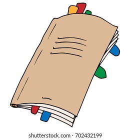 Icon of the notebook. Magazine with stickers. School copybook with bookmarks. Vector illustration.