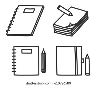 icon notebook and pen.pencil  hand drawn vector set art illustration