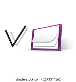 Icon notepad in 3d, beautiful illustration for your concept. Icon notepad in purple style and tick.