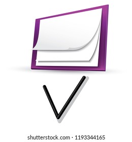 Icon notepad in 3d, beautiful illustration for your concept. Icon notepad in purple style and tick.