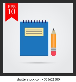 Icon of notepad with blue cover and pencil