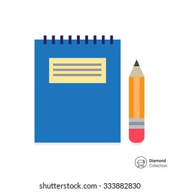 Icon of notepad with blue cover and pencil