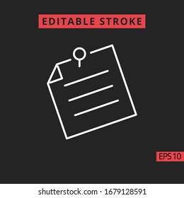 Icon notepad with pin line, outline vector sign, linear style pictogram isolated on black. Sign or symbol, Editable Stroke.