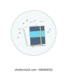 Icon notepaper book with documents. Vector flat design illustration.