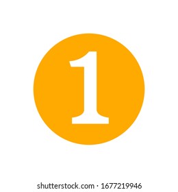 icon number 1 in circle orange isolated on white, flat currency coin one 1 money, first symbol with circle shape, 1st symbol for success or quality, medal one 1 for winner, simple number one button