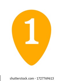 icon number 1 in orange pin point isolated on white, flat currency one coin money, first symbol with circle shape, 1st symbol for success or quality, icon 1 of winner, simple number one for button