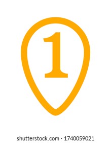icon number 1 in orange pin point isolated on white, flat currency one coin money, first symbol with circle shape, 1st symbol for success or quality, icon 1 of winner, simple number one for button