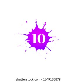 Icon with number ten. Hand drawn purple paint spot. Number 10 on blot. Vector isolated illustration in flat style. For web, greeting cards, baby albums, banners, invitations, birthday decoration.