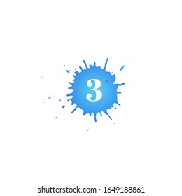 Icon with number three. Hand drawn blue paint spot. Number 3 on blot. Vector isolated illustration in flat style. For web, greeting cards, baby albums, banners, invitations, birthday decoration.