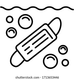 Icon ocean water pollution with medical surgical disposable masks after epidemic of coronavirus virus. Mask swims underwater with air bubbles. Vector thin line illustration, outline. Editable stroke