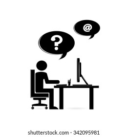 icon office. The person at a table, the computer and a sign a question and a mail