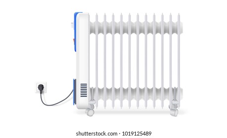 Icon of oil radiator isolated on horizontal white background. White, electric oil filled heater. Vector, resizable symbol of convector.