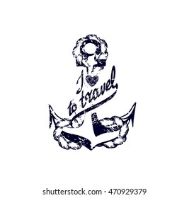 The icon of old anchor with cute rope bound it up and promo  text about travels 
