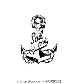 The icon of old anchor with cute rope bound it up and promo  text about travels 
