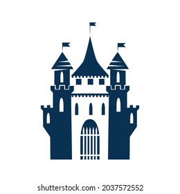 Icon of an old, fabulous, medieval castle with towers, windows and gates. Vector icon isolated on white background. Ancient architecture silhouette.