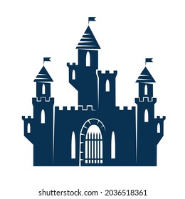 Icon of an old fairy tale medieval castle with towers, windows and gates. Vector icon isolated on white background. Silhouette of ancient architecture.