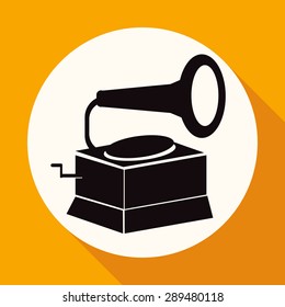 Icon old gramophone on white circle with a long shadow