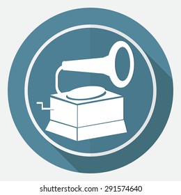 Icon old gramophone on white circle with a long shadow