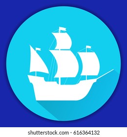 Icon with the old sailing ship in flat style a vector.Naval frigate. Spanish frigate. For the websites of travel. An element of design of infographics and for games and children's goods.
