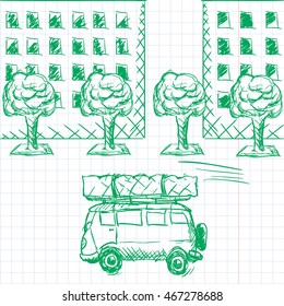 Icon of Old Style Delivery Minivan Riding in a Rush Along City Street with Houses and Trees - Green Ball Pen on Checked Old Copybook Sheet Background - Quick Sketch Handdrawn Style