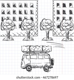 Icon of Old Style Delivery Minivan Riding in a Rush Along City Street with Houses and Trees - Black Ball Pen on Checked Old Copybook Sheet Background - Quick Sketch Handdrawn Style