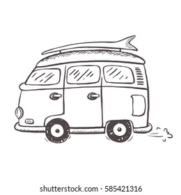 Icon of Old Style Minivan Riding. Thorough Sketch Hand drawn Style. classic van icon in retro style, Surfing badge