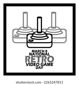 Icon of an old video game controller with bold text in frame on white background to celebrate National Retro Video Game Day on March 8