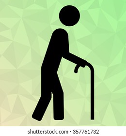 Icon oldman with cane on polygonal background.