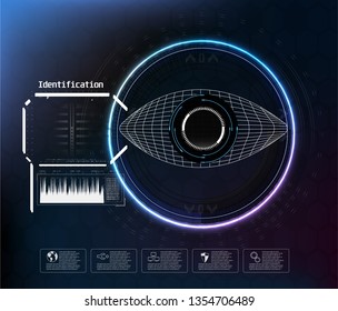 Icon on blue backdrop. Digital eye hud ui. Art design. Vector medicine illustration. Eye vector icon. Futuristic technology style. Identification system scanning. 