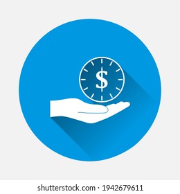 icon on blue background. Flat image with long shadow.