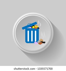 Icon on circle button, concept design with shadow on grey background. Vector blue basket dustbin icon. Symbol for garbage isolated on grey, white background. Paper and waste with scent of stinking.