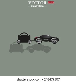 Icon on a green background with shadow. trailer, car, suitcase on wheels , vector illustration, EPS 10