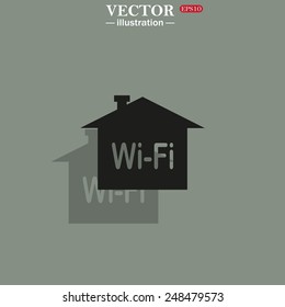 Icon on a green background with shadow. The house is surrounded by a network wi-fi , vector illustration, EPS 10