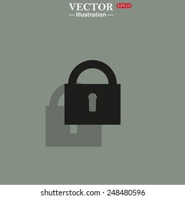Icon on a green background with shadow. lock black , vector illustration, EPS 10