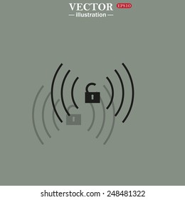 Icon on a green background with shadow. Wireless network access is open, unlocked , vector illustration, EPS 10
